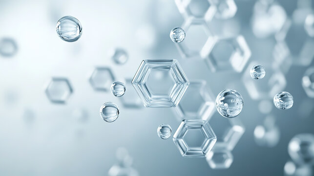 Glass hexagonal molecular structures with clear liquid droplets, evoking the fragrance chemistry behind OEM perfume formulation in South Korea.