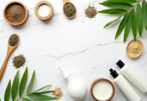 Flat-lay of natural body care ingredients, pump bottles and lotion jars on a marble surface with green leaves, representing OEM body wash and lotion manufacturing in China