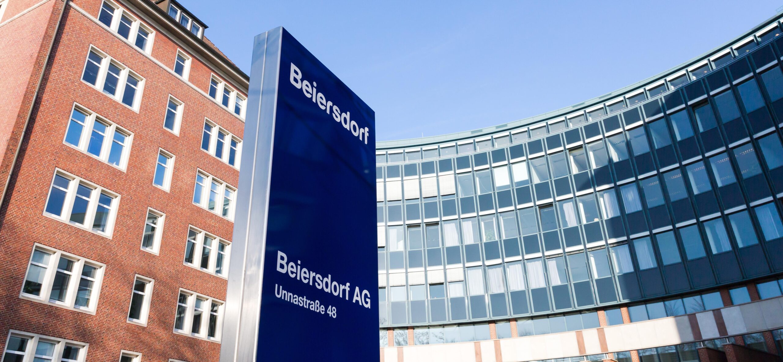Beiersdorf AG headquarters sign at Unnastrasse 48 in Hamburg-Eimsbuttel