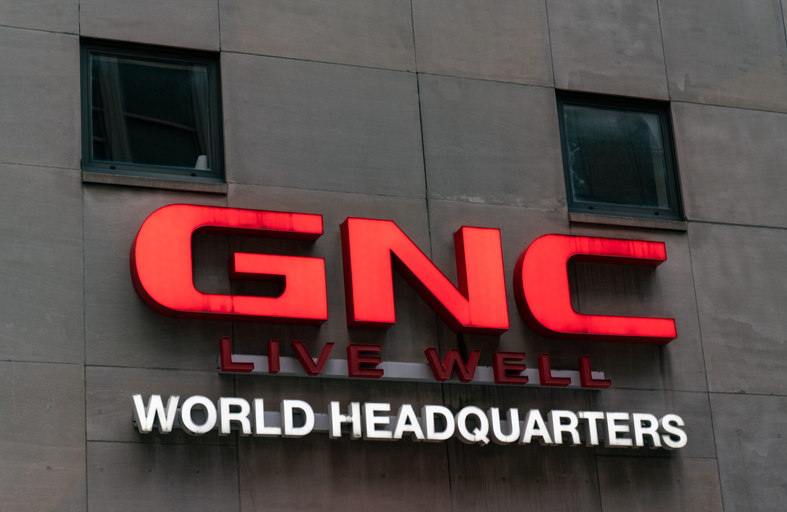 GNC Live Well World Headquarters sign on building in Pittsburgh, Pennsylvania