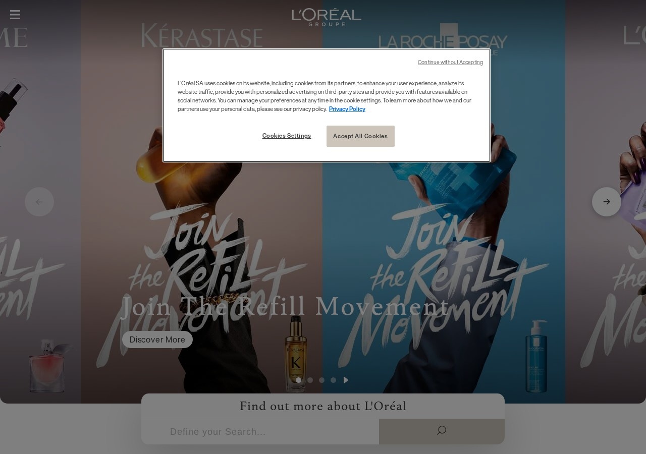 Screenshot of L'Oreal Groupe's official corporate website homepage