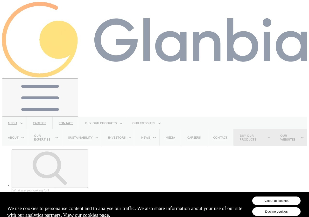 Screenshot of the Glanbia official corporate website, parent company of Optimum Nutrition