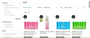 Watsons Malaysia ALIA brand page listing 129 ALIA items, including Only at Watsons make-up remover wipes and body mist
