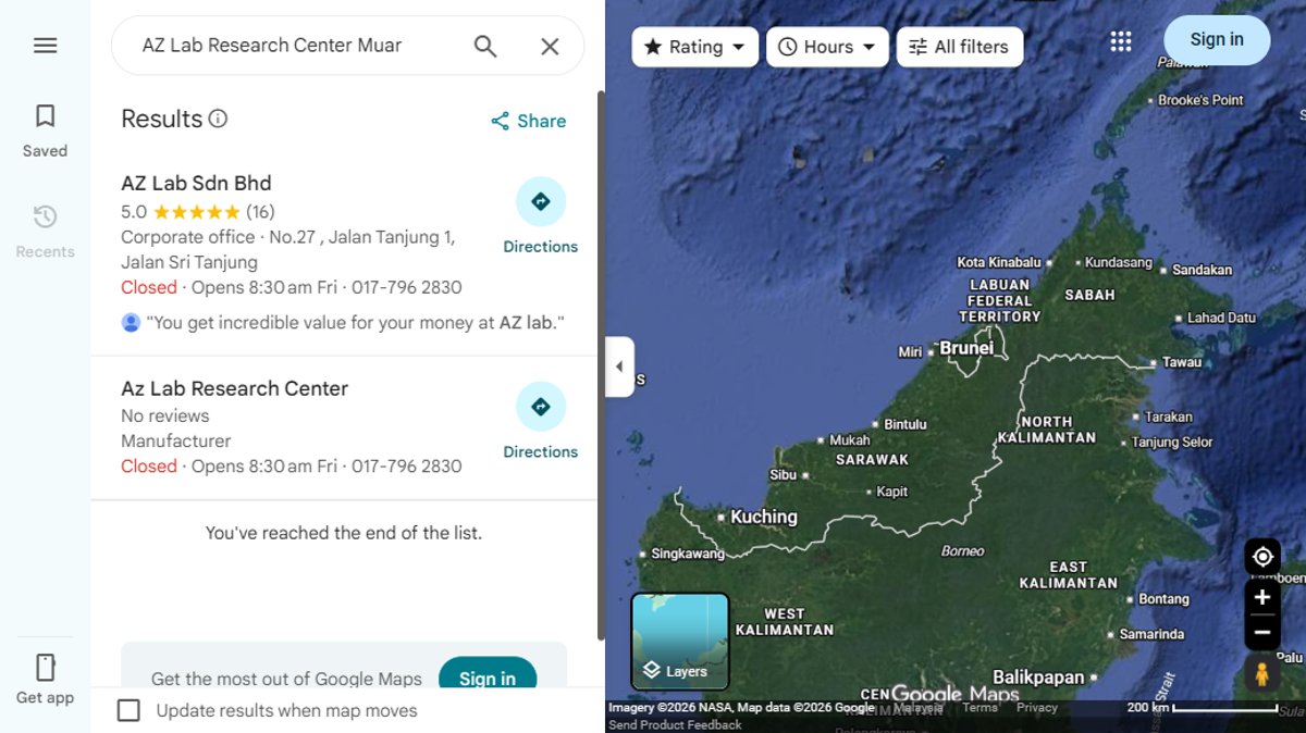 Google Maps listings for AZ Lab Sdn Bhd and Az Lab Research Center sharing one phone number