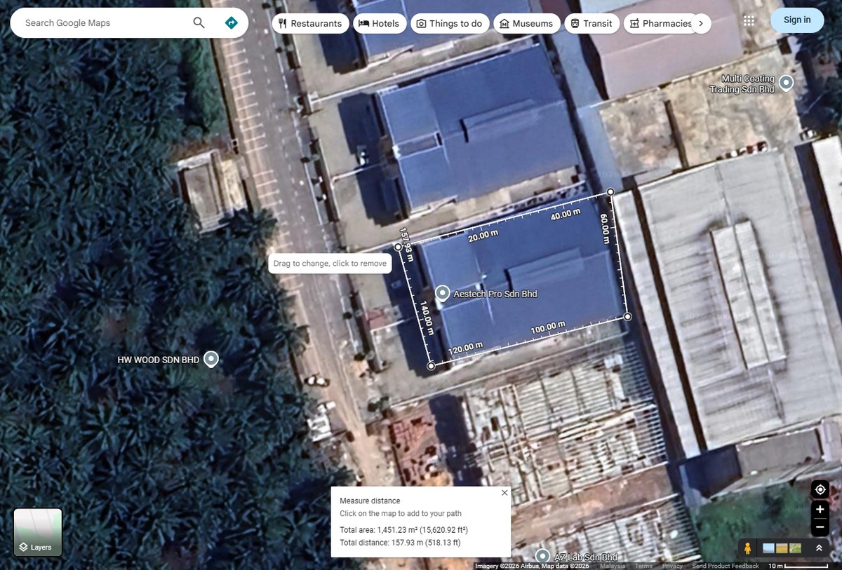 Google Maps satellite measurement of the Aestech Pro industrial block in Muar Johor
