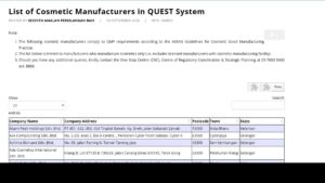 NPRA's official web page 'List of Cosmetic Manufacturers in QUEST System', showing its notes and the start of the company table
