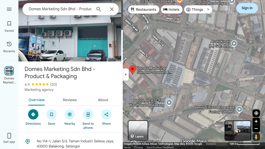 Google Maps listing for Domes Marketing Sdn Bhd Product and Packaging in Balakong, categorised as marketing agency with 4.9 stars from 20 reviews, captured 9 September 2026