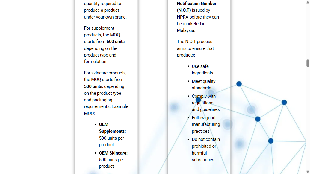 Domes Marketing OEM page showing MOQ starts from 500 units published terms, captured 9 September 2026