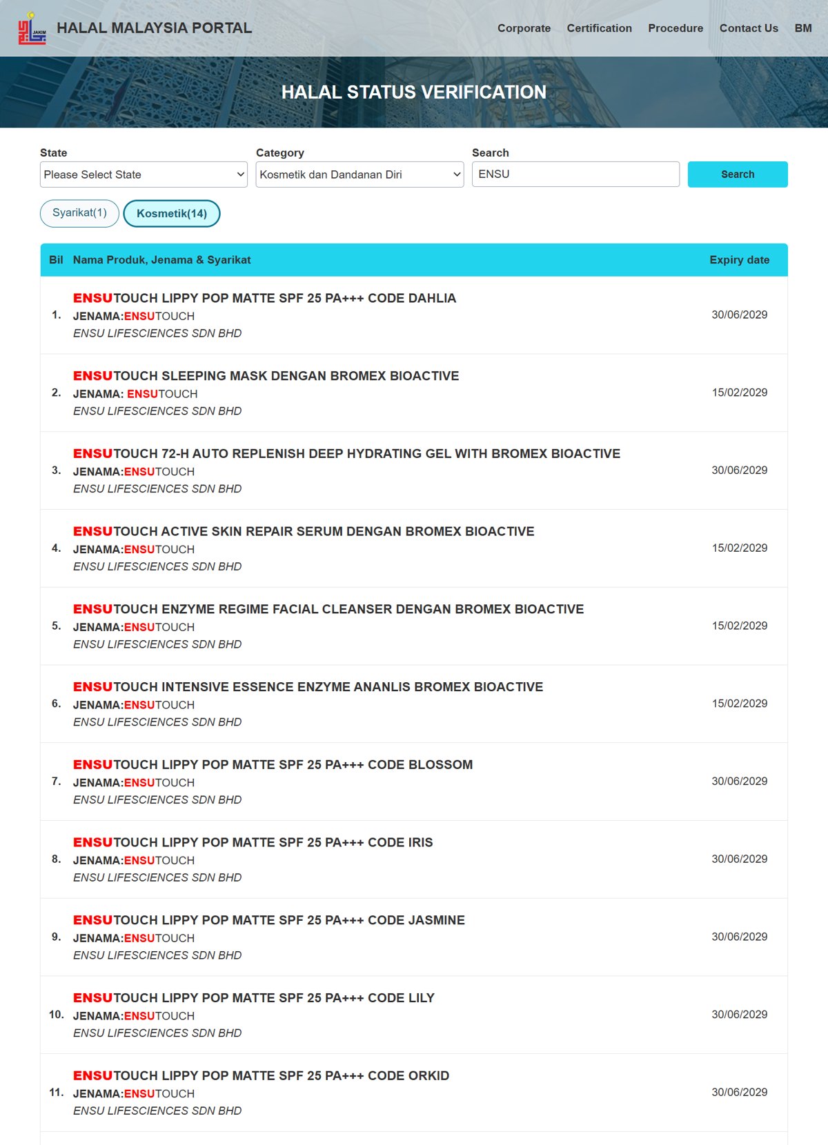 JAKIM Halal Malaysia Portal search showing 14 halal-certified cosmetics under ENSU Lifesciences, every one its own Ensutouch brand, checked 15 September 2026