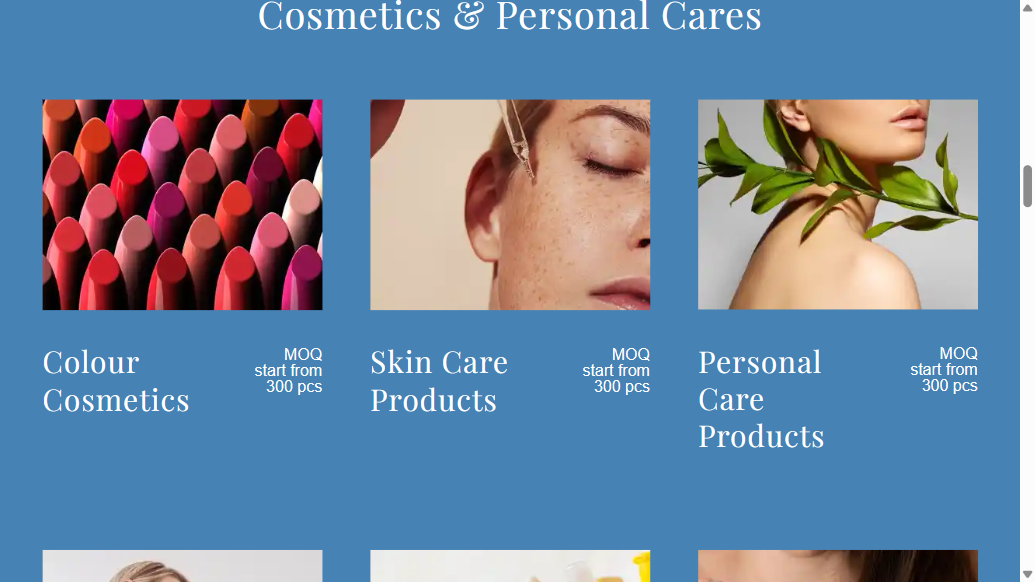Ilaj Biocosmetic homepage category cards each showing MOQ start from 300 pcs, captured 8 September 2026