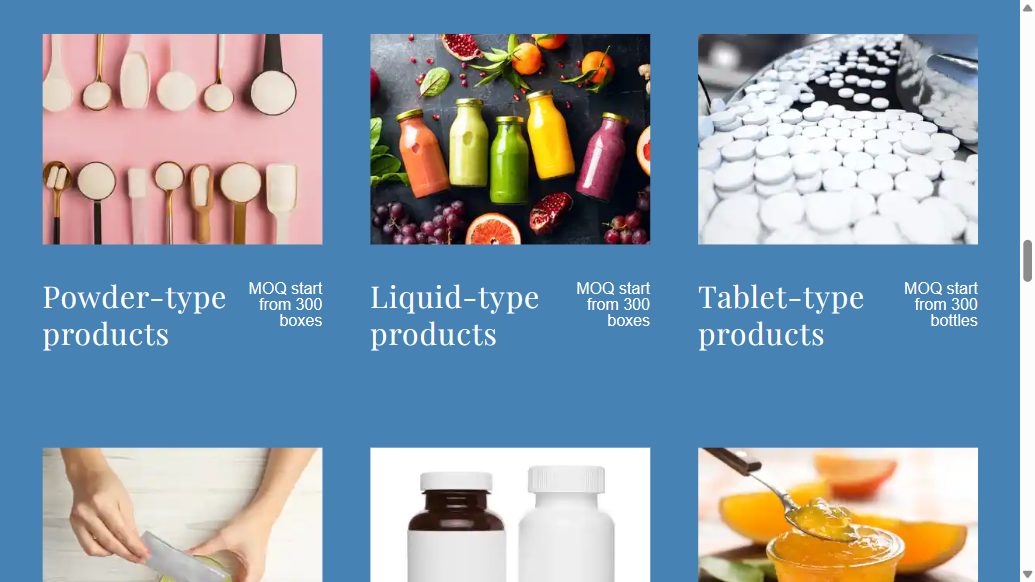 Ilaj nutraceuticals functional foods and drinks section showing powder liquid and tablet products with MOQ from 300, captured 8 September 2026
