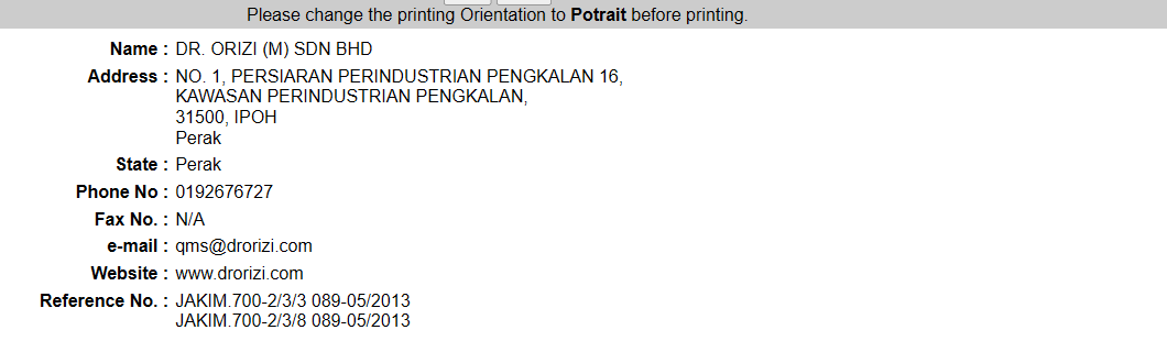JAKIM directory record for Dr Orizi showing the Ipoh plant address and halal certificate reference numbers dated 2013, captured 16 September 2026