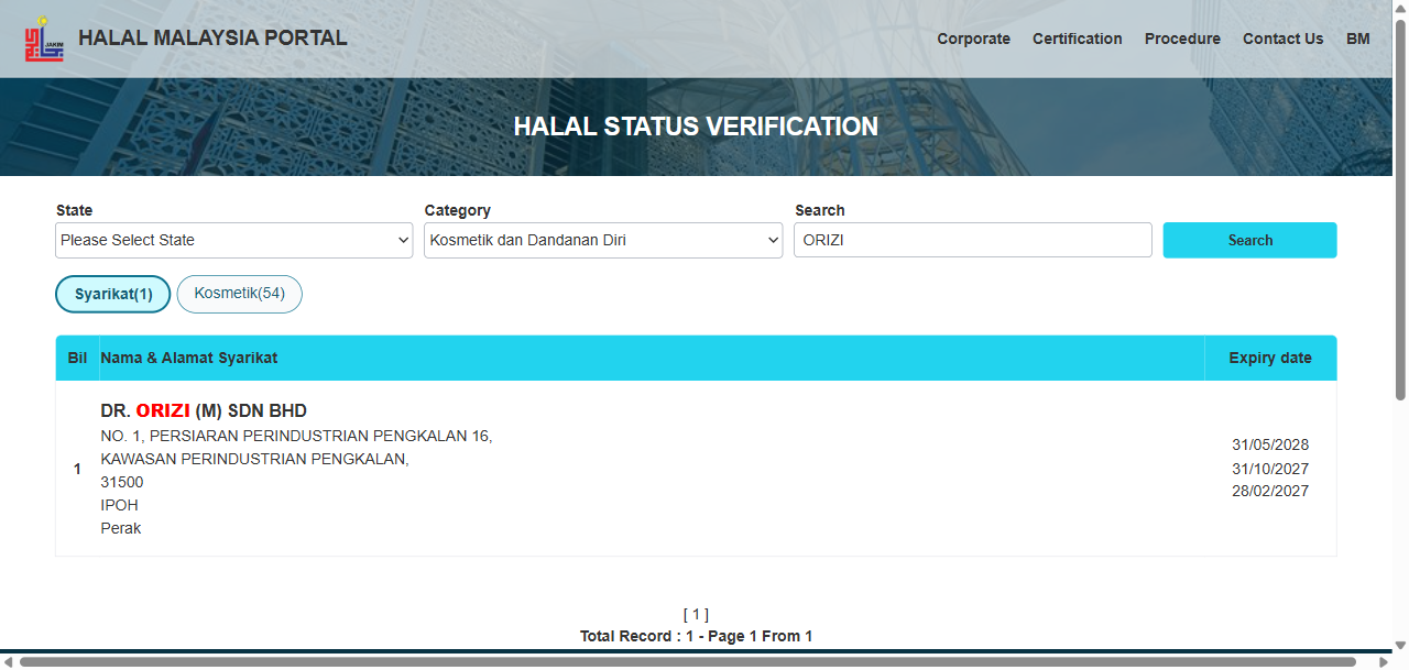 JAKIM halal directory cosmetics category search for ORIZI returning Dr Orizi (M) Sdn Bhd with three certificate expiry dates, captured 16 September 2026
