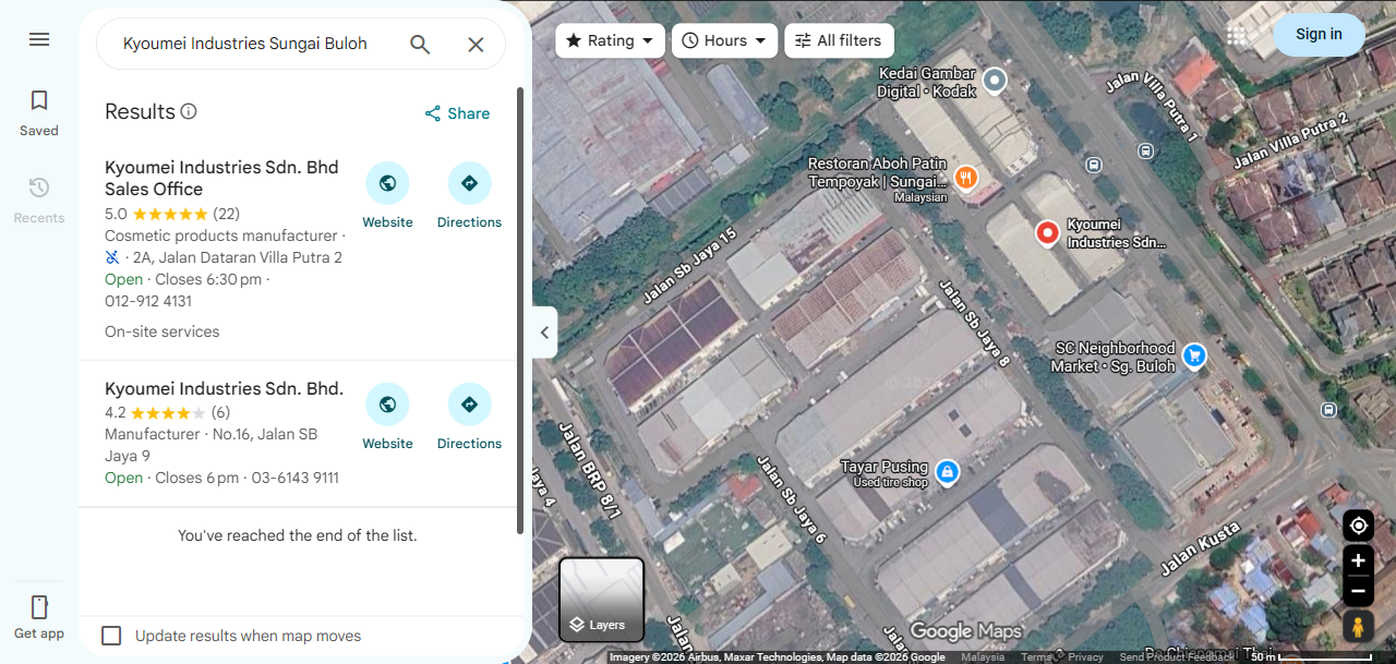 Google Maps showing two Kyoumei Industries listings, the factory at 4.2 stars from 6 reviews and the sales office at 5.0 stars from 22 reviews, captured 16 September 2026