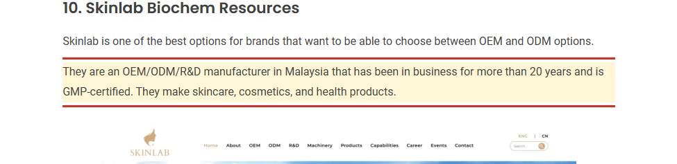 List claiming Skinlab Biochem Resources has been in business for more than 20 years
