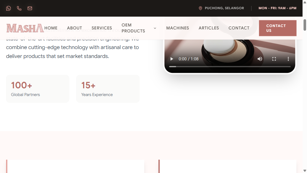 Masha Group About page showing 100 plus global partners and 15 plus years experience, while the homepage states 10 plus years and 500 plus successful brands, captured 10 September 2026