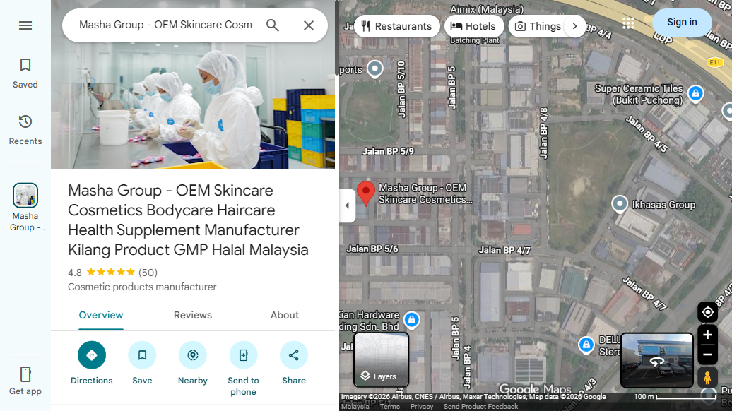 Google Maps listing for Masha Group showing 4.8 stars from 50 reviews with a cleanroom production line cover photo, captured 9 September 2026