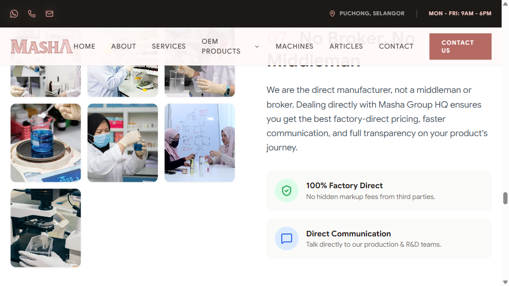 Masha Group website section stating no broker no middleman, we are the direct manufacturer, 100 percent factory direct, captured 9 September 2026
