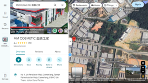 Google listing for MM Cosmetic House of Masks showing the factory aerial photo and 4.4 star rating