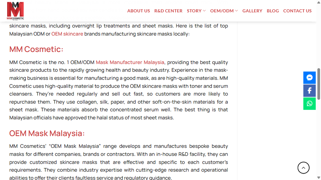 MM Cosmetic website text stating MM Cosmetic is the no. 1 OEM ODM mask manufacturer Malaysia, captured 11 September 2026