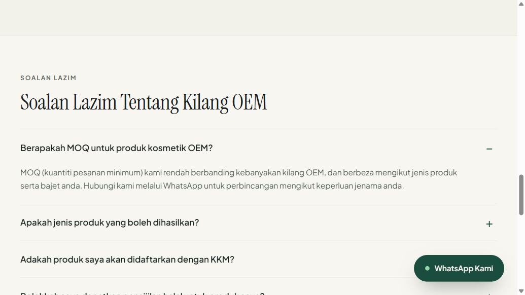 MYBH website FAQ answering the MOQ question with no number and directing visitors to WhatsApp, captured 10 September 2026