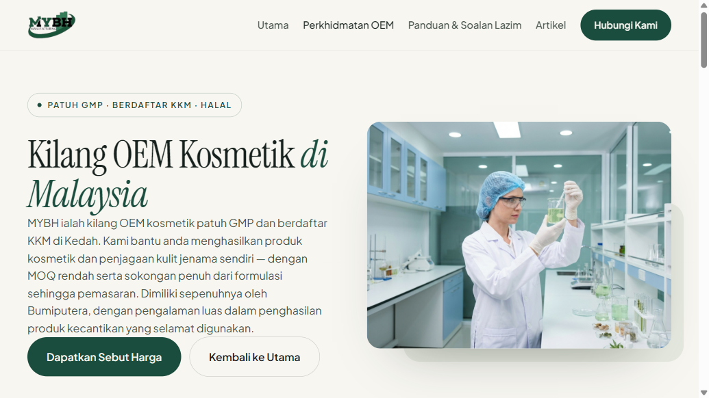 MYBH OEM page header showing Patuh GMP Berdaftar KKM Halal badges and MOQ rendah wording, captured 9 September 2026