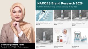 Datin Narqes Mohd Raimi, founder of NARQES, next to the NARQES Skintelligent product range on the brand's official online shop
