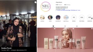 Nadea Fauzi, founder of NFG, next to NFG's official Instagram page showing its halal skincare products