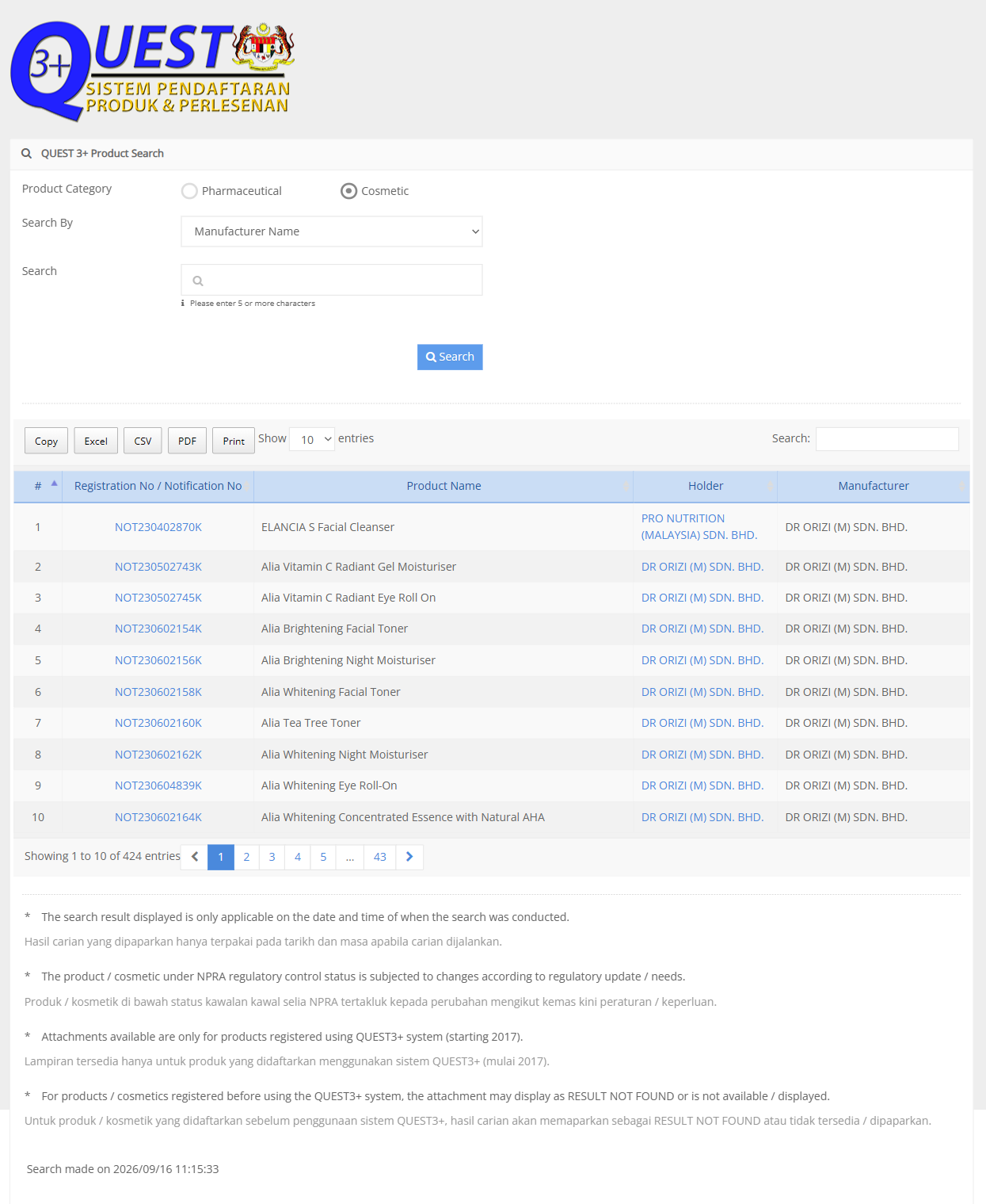 NPRA QUEST3plus search by manufacturer name DR ORIZI returning 424 cosmetic notification entries, captured 16 September 2026