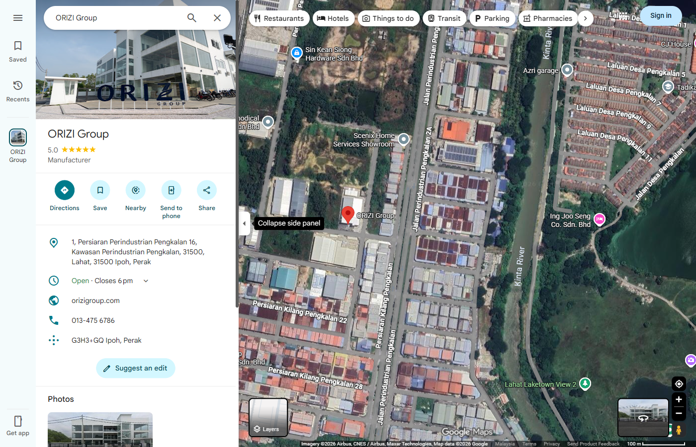 Google Maps listing for ORIZI Group in Ipoh showing a 5.0 star rating, captured 9 September 2026