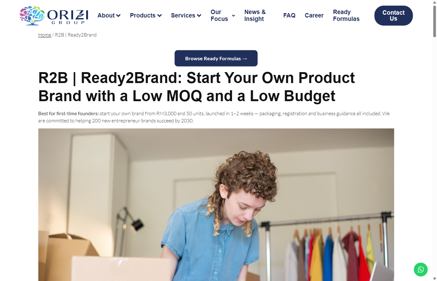 ORIZI Group Ready2Brand page showing start your own brand from RM3000 and 50 units launched in 1 to 2 weeks, captured 9 September 2026