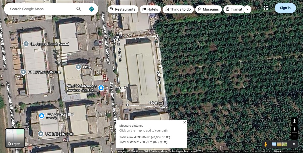 Google Maps satellite measurement of the OTC Cosmetic Industries plant in Ijok showing about 4,094 square metres