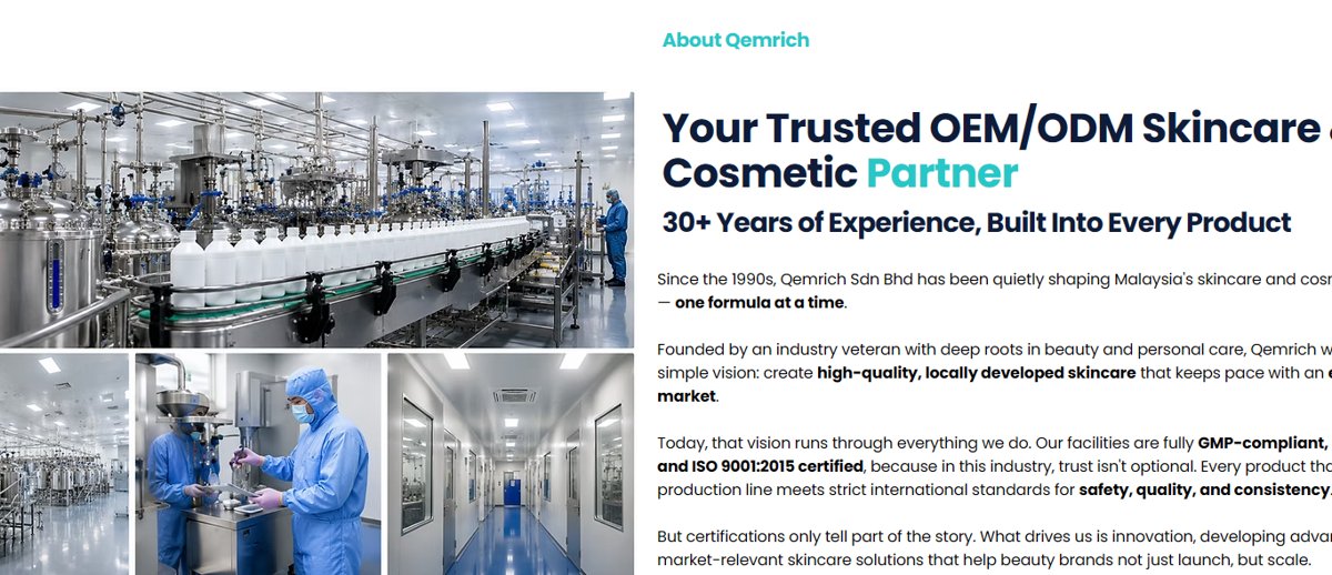 Qemrich About page stating since the 1990s and describing its facilities as GMP-compliant, halal-certified and ISO 9001:2015 certified, captured 18 September 2026