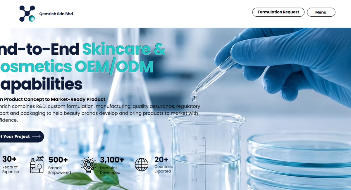 Qemrich capabilities page claiming 30+ years of expertise, 500+ brands empowered, 3,100+ formulas developed and 20+ countries exported, captured 19 September 2026