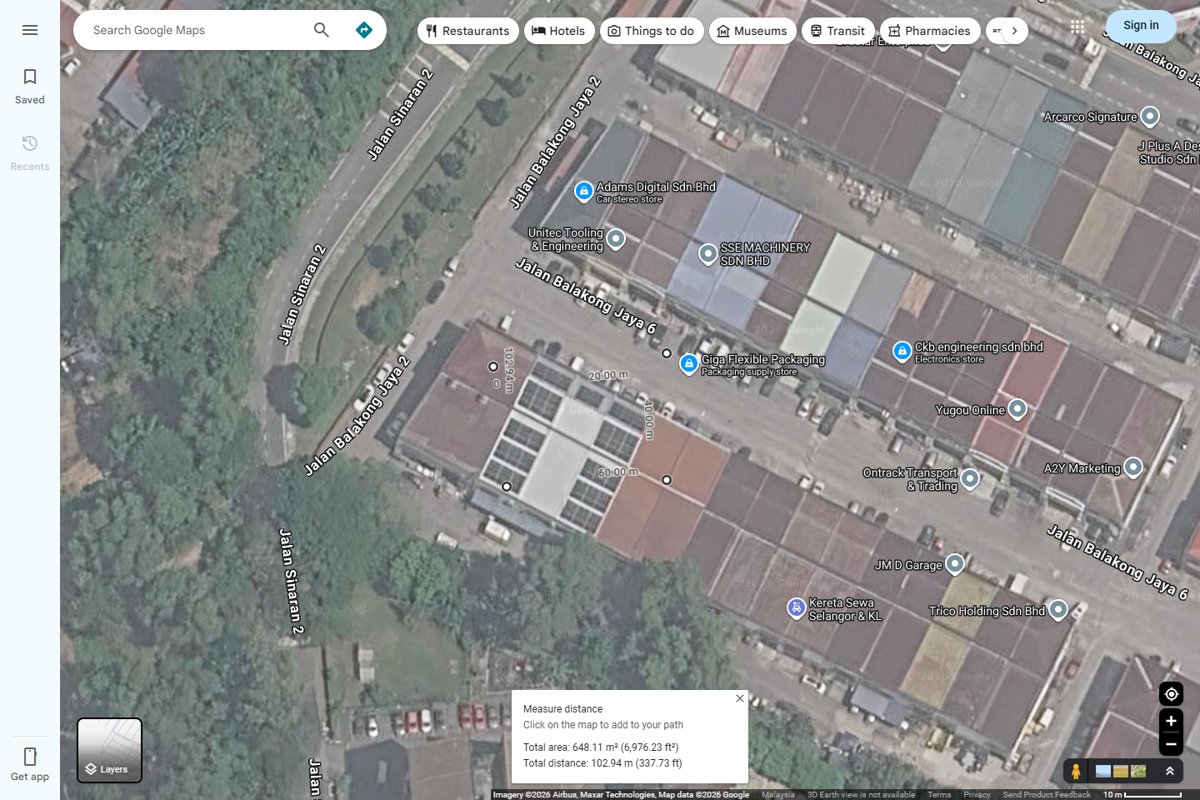 Google Maps satellite measurement of the Qemrich factory roof in Balakong showing a total area of 648.11 square metres