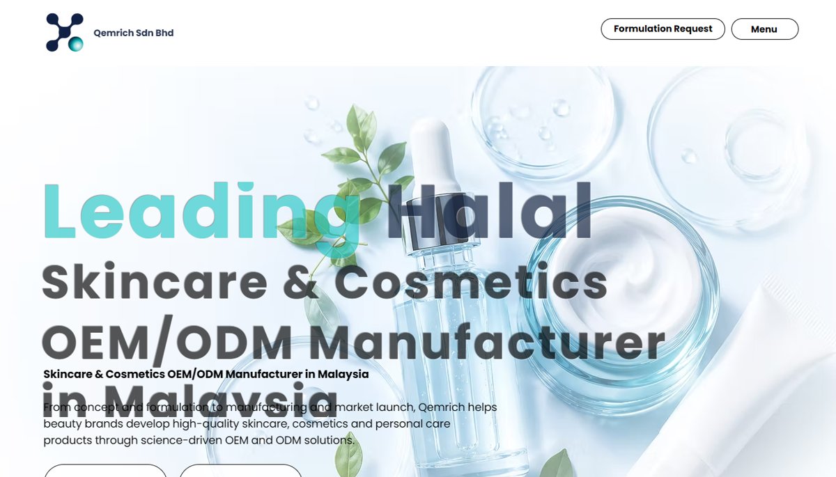 Qemrich homepage headline reading Leading Halal Skincare and Cosmetics OEM/ODM Manufacturer in Malaysia, captured 18 September 2026