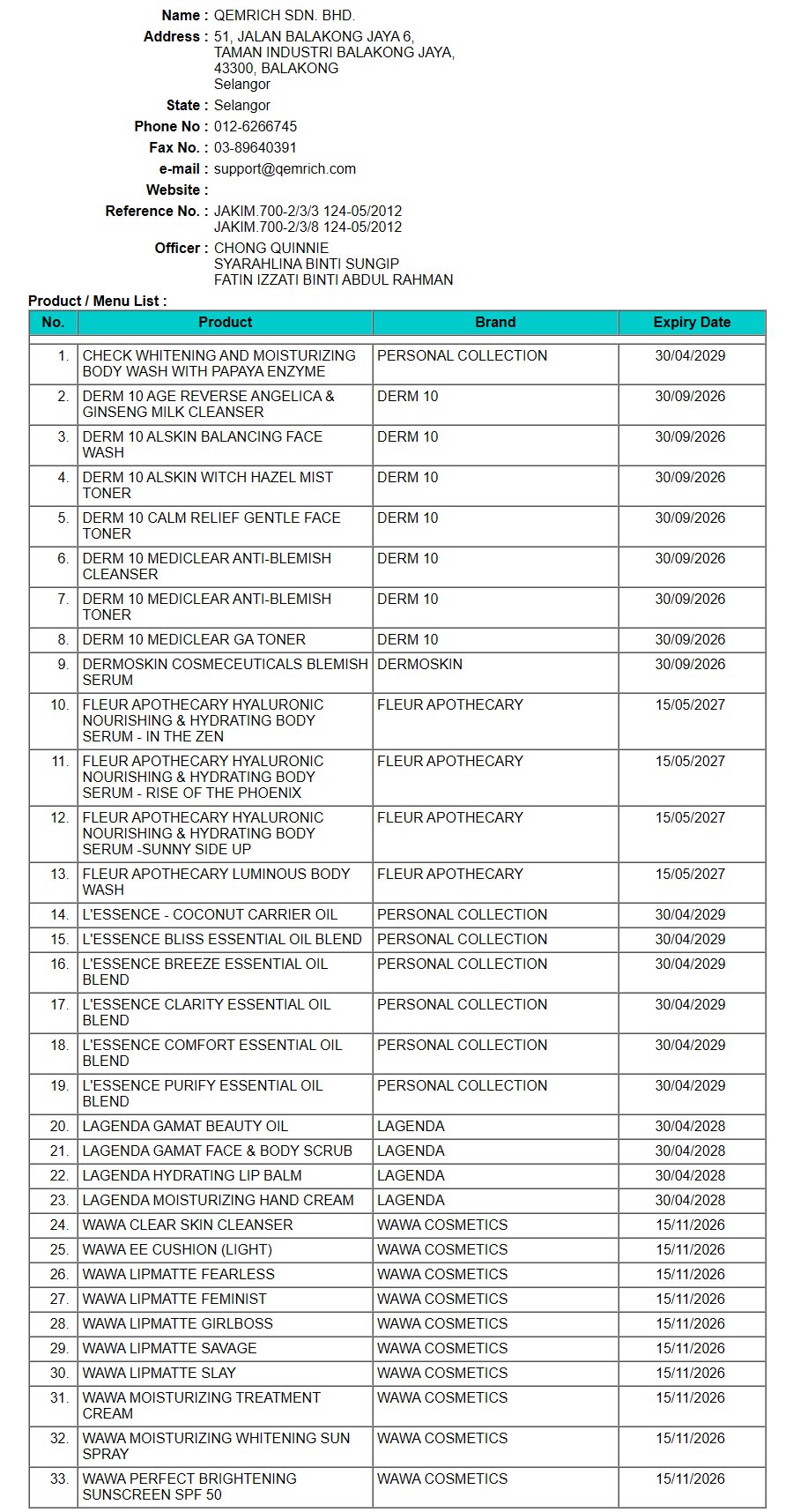JAKIM Halal Malaysia Portal company record for Qemrich Sdn Bhd listing 33 halal products, checked 19 September 2026
