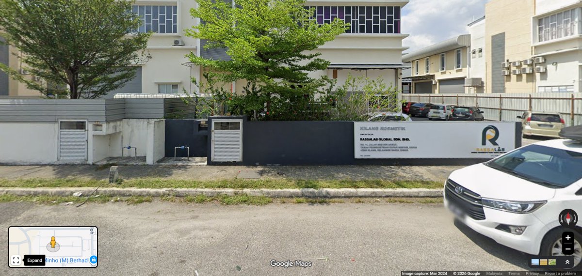 Street View of the Rassalab Global Sdn Bhd factory at No. 11 Jalan Bestari 3A/KU7, Kapar, with its Kilang Kosmetik signboard