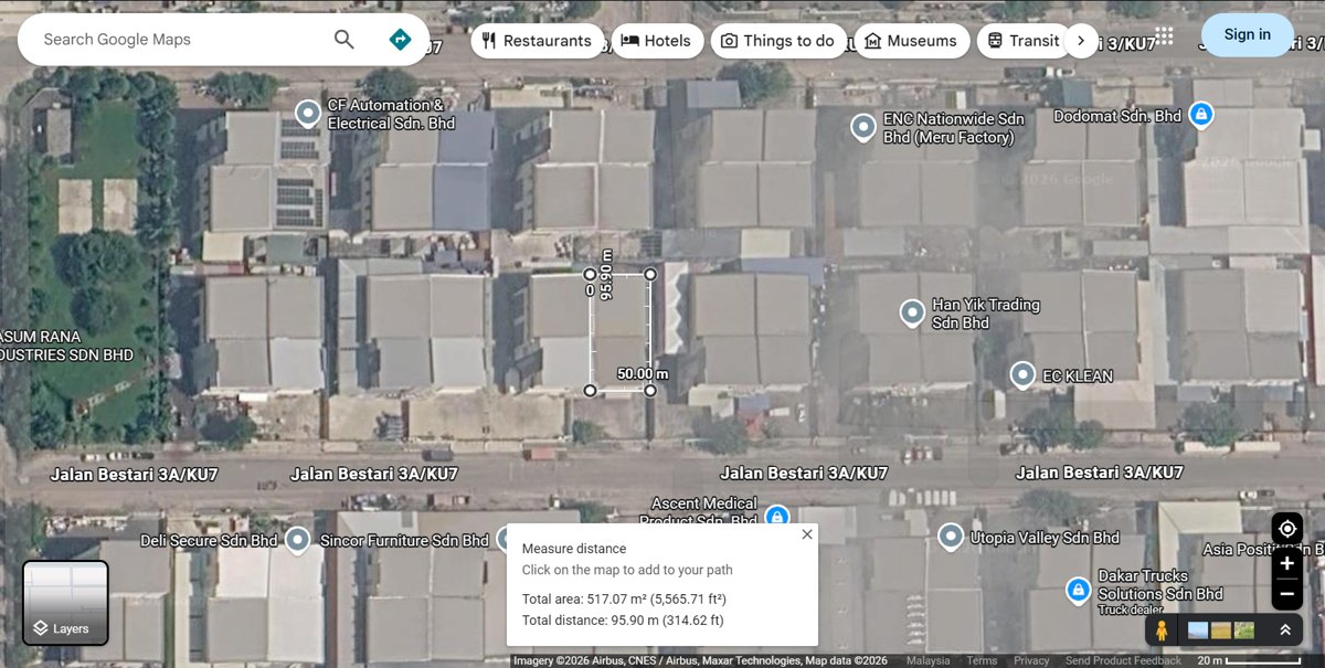 Google Maps satellite measurement of the Rassalab Global factory unit in Kapar showing a roof area of 517 square metres