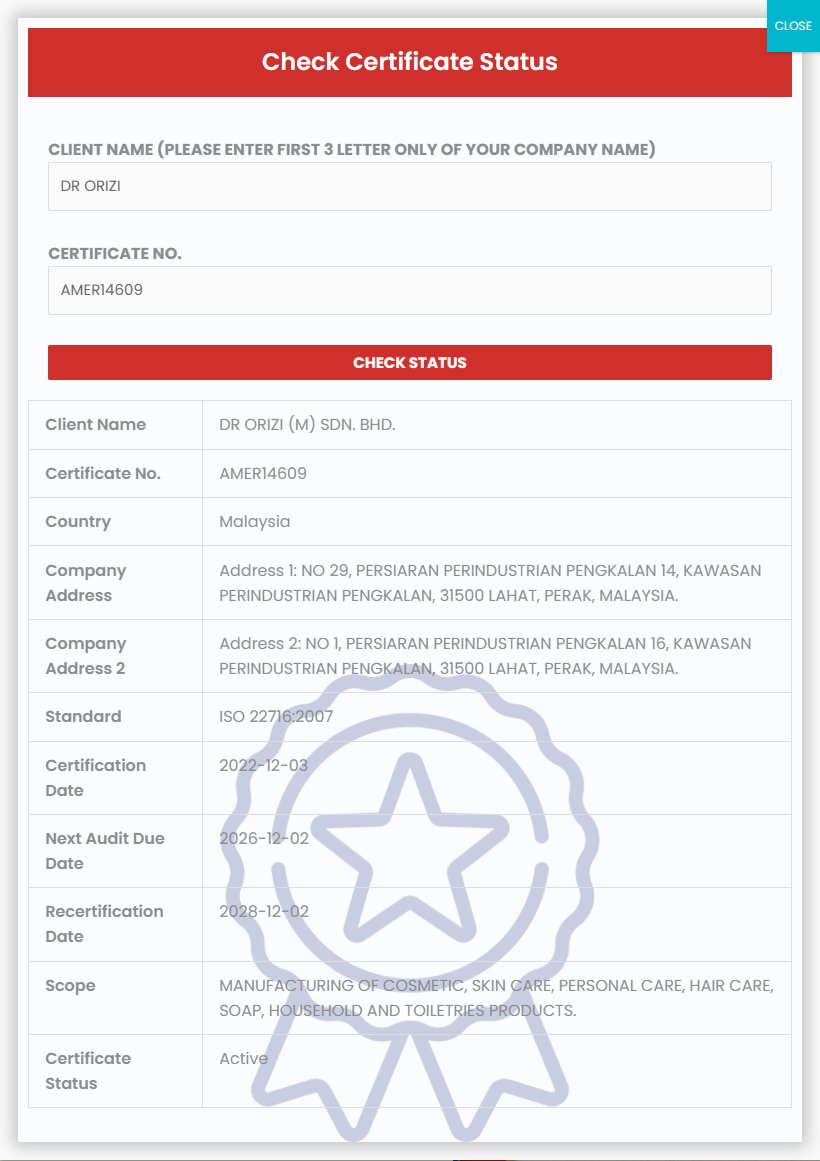 Americo's official Check Certificate Status result for AMER14609: DR ORIZI (M) SDN. BHD., ISO 22716:2007, both Pengkalan sites, certificate status Active (americocert.com, captured 15 September 2026)