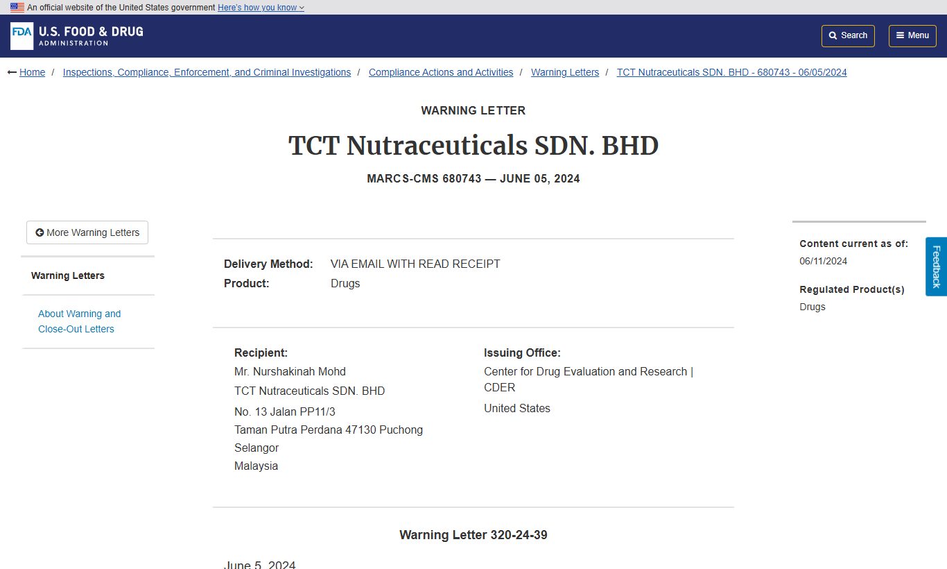 US FDA warning letter to TCT Nutraceuticals Sdn Bhd, MARCS-CMS 680743, 5 June 2024 (fda.gov), captured 15 September 2026