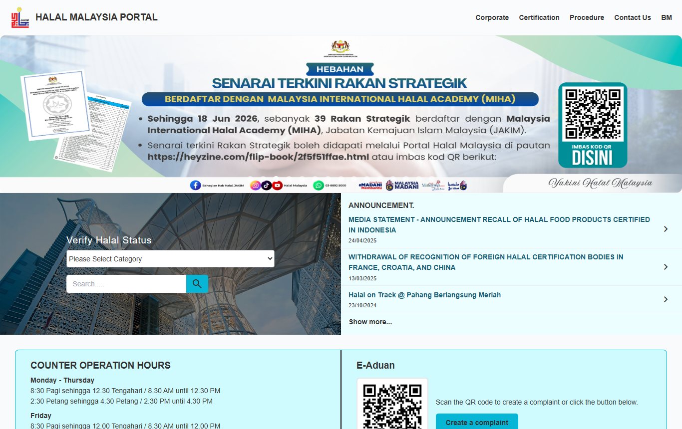 JAKIM's Halal Malaysia Portal, with the Verify Halal Status search used to check each product (halal.gov.my), captured 15 September 2026