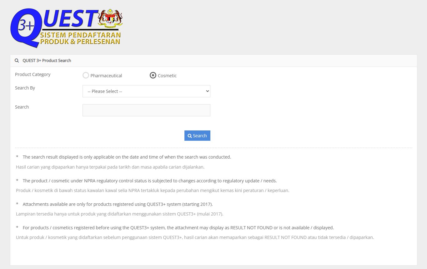 NPRA's QUEST3+ product search, where every cosmetic notification in Malaysia and its named manufacturer can be looked up (quest3plus.bpfk.gov.my), captured 15 September 2026