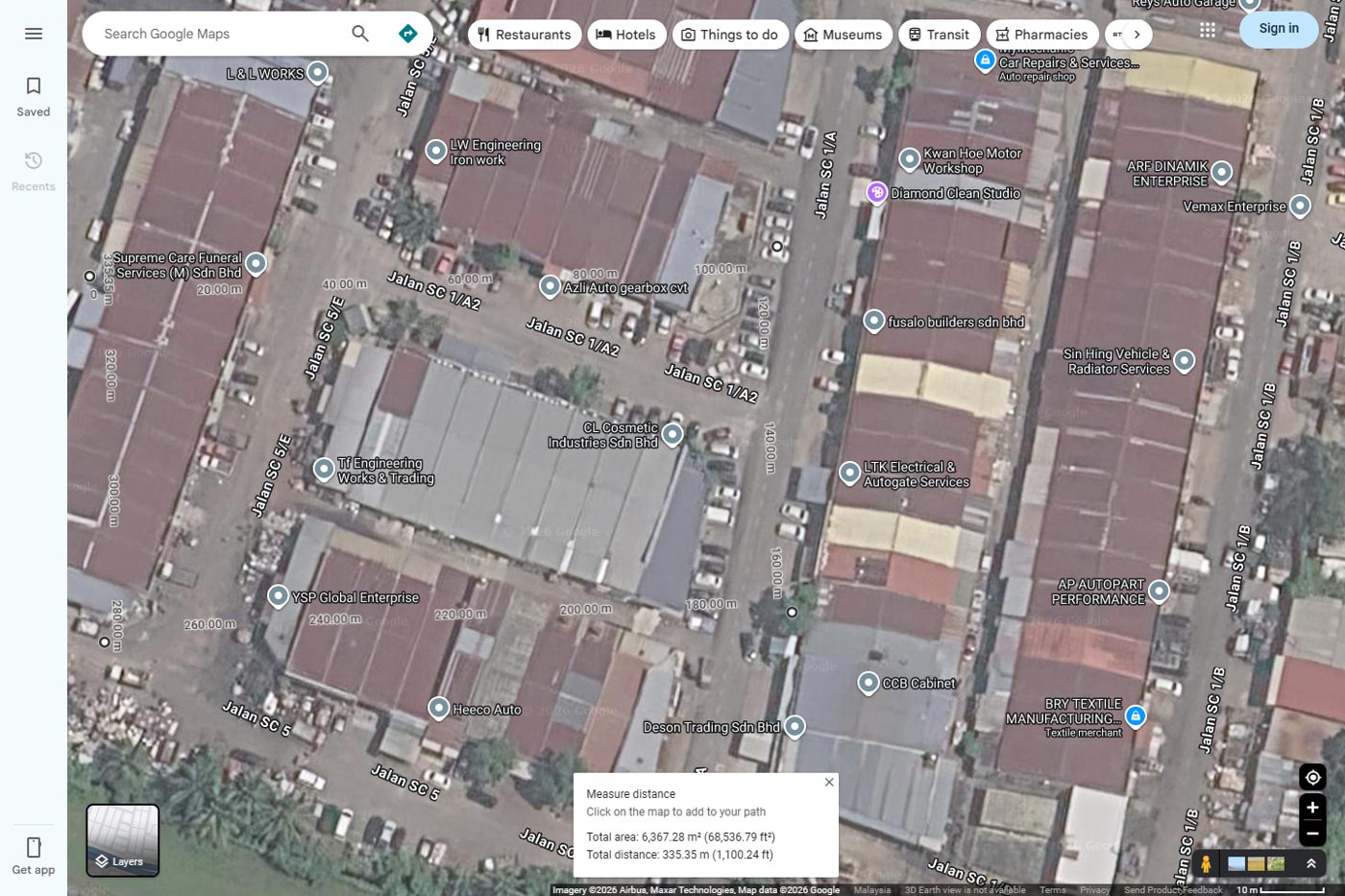 CL Cosmetic Industries, Sungai Chua: Google Maps satellite roof measurement, about 6,370 m2, 14 September 2026