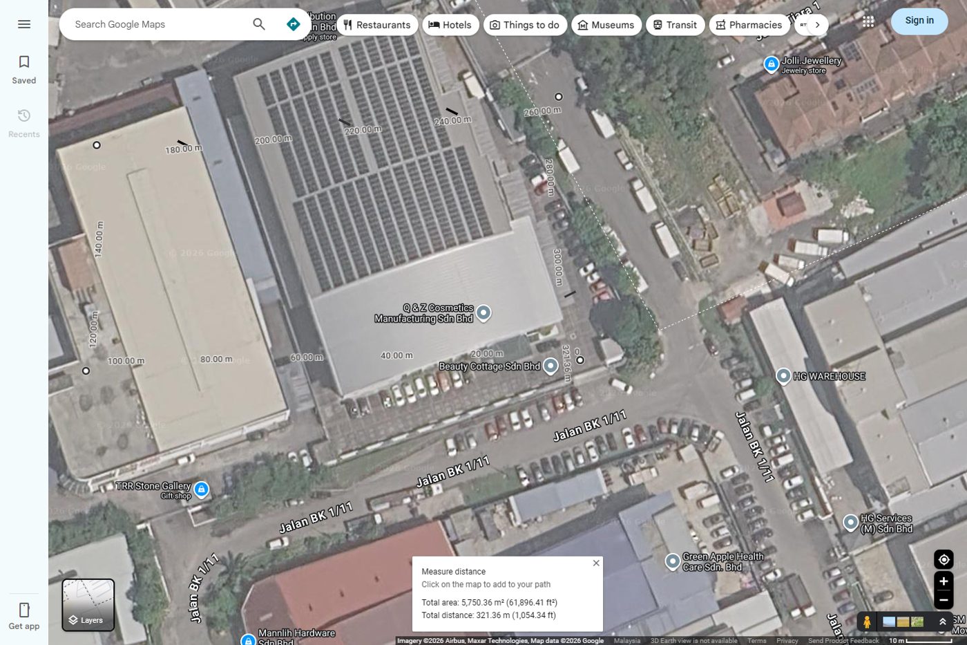 Q&Z Cosmetics, Bandar Kinrara: Google Maps satellite roof measurement, about 5,750 m2, 14 September 2026