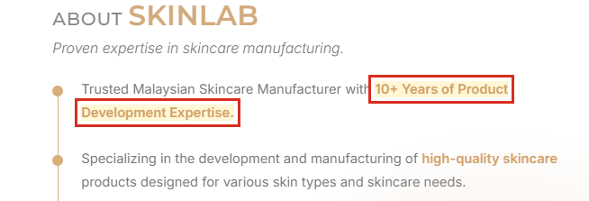 Skinlab Biochem Resources' own website describing 10+ years of product development expertise
