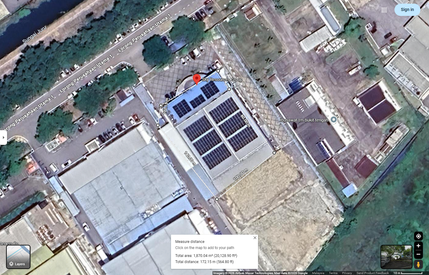 Satellite measurement of the Sky Resources factory roof, about 1,870 square metres