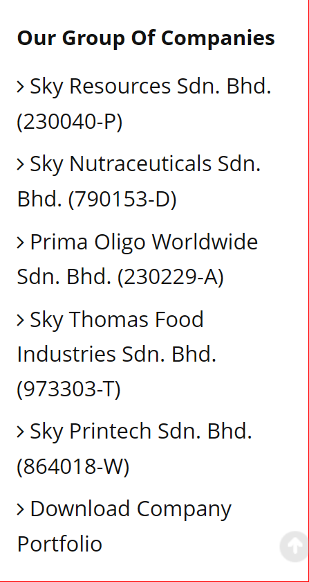 Sky Resources website in 2016 listing its group companies including Prima Oligo Worldwide and Sky Thomas Food Industries