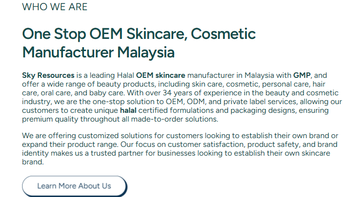 Sky Resources homepage text describing the company as a leading Halal OEM skincare manufacturer in Malaysia, captured 13 September 2026