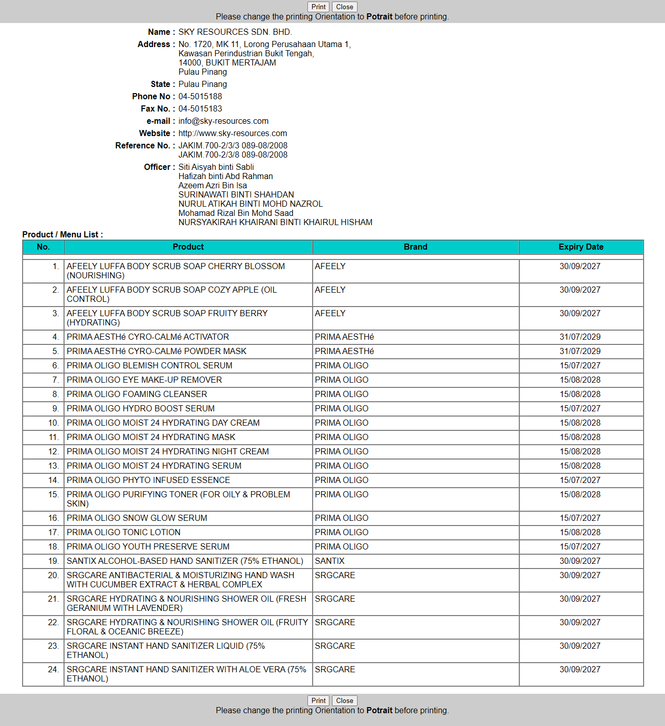 JAKIM portal listing 24 certified products for Sky Resources, all under its own brands